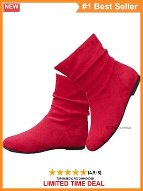 Women's Flat Slouch Ankle Boots Faux Suede Pull-On Round Toe
